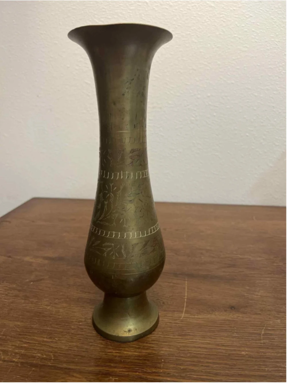 Vintage Etched Brass Vase 10” Hand Engraved Floral Boho Mid Century India Solid